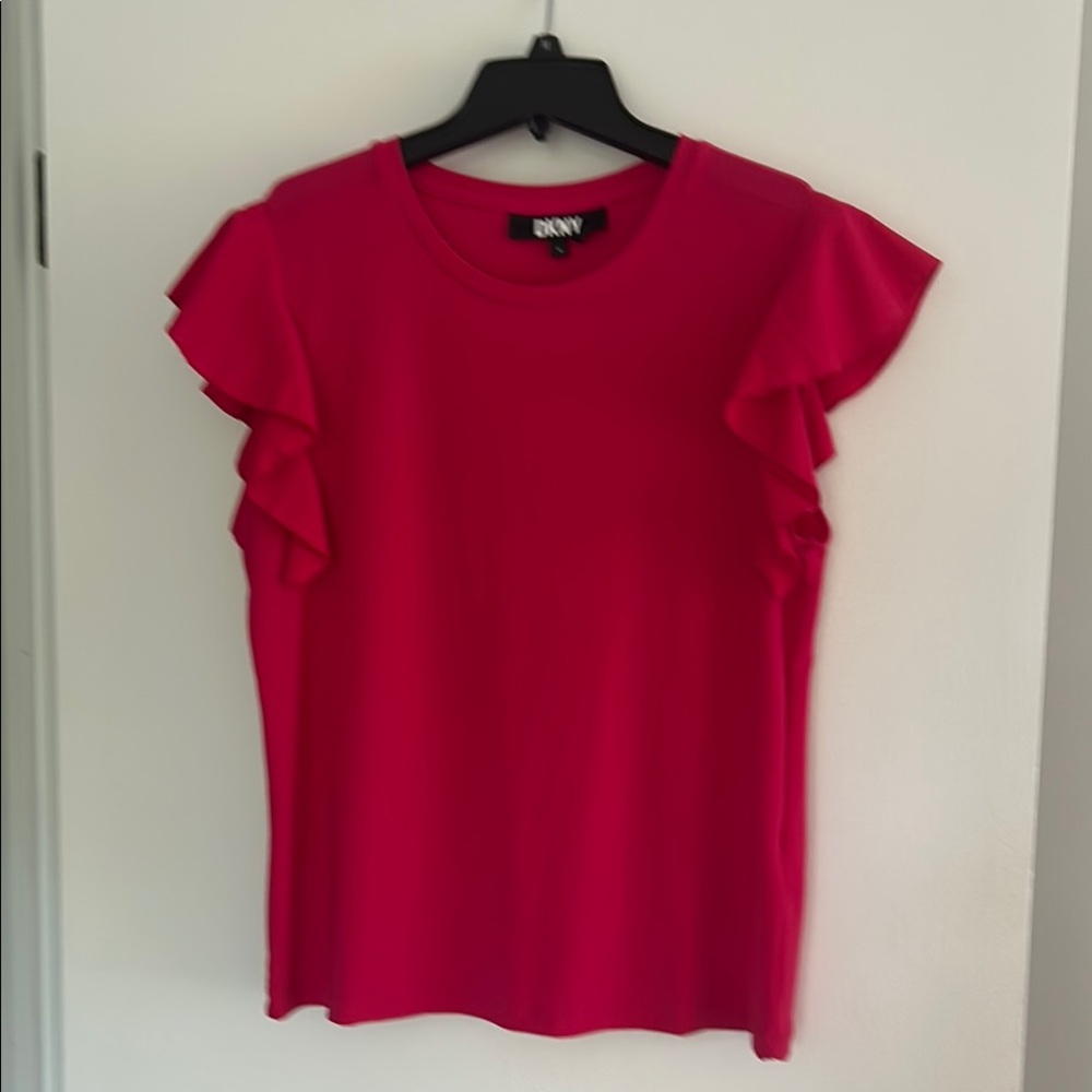 DKNY Red Flutter Sleeve Ruffled Tee
